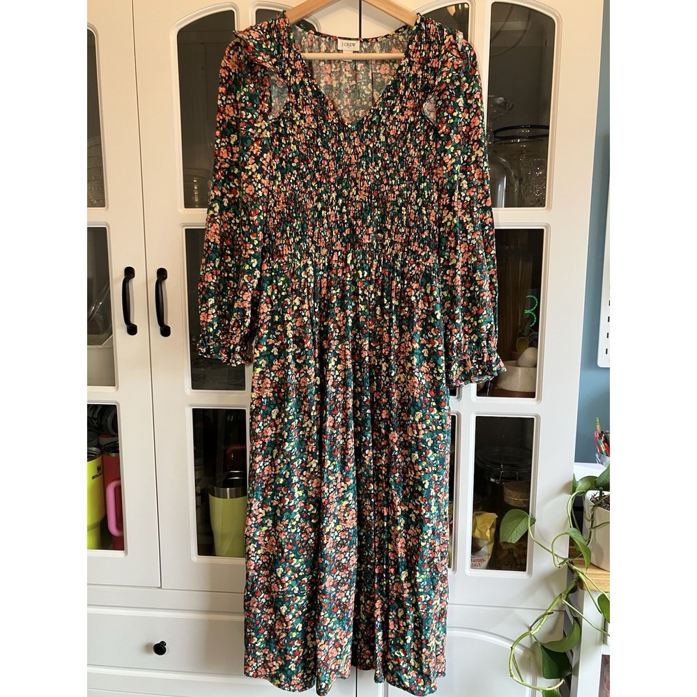 J.Crew Re-Imagined Smocked Floral Midi Dress XS Long Sleeve V-Neck Green